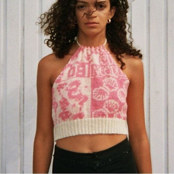Alicia‎ Morgand Halter Top pink crop top Handmade knit NWT S - Picture 3 of 6
